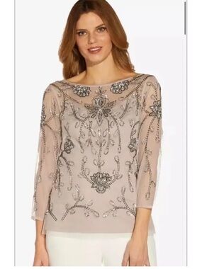 $149 Adrianna Papell Beaded Illusion Top MARBLE Womens 20 NWT Sequin Embellish